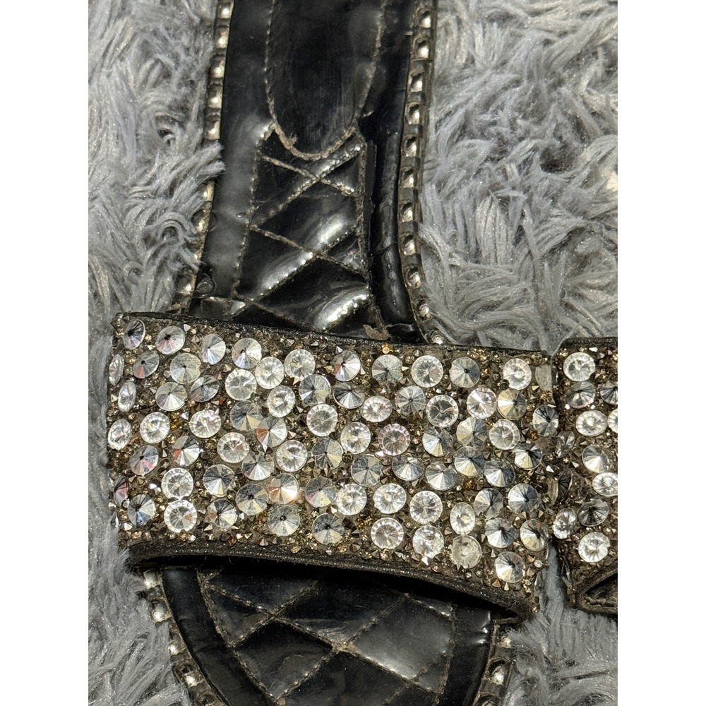 Rhinestone Slide Sandals Womens 9 Black Silver Quilted Studded Festival Bling - Picture 3 of 8